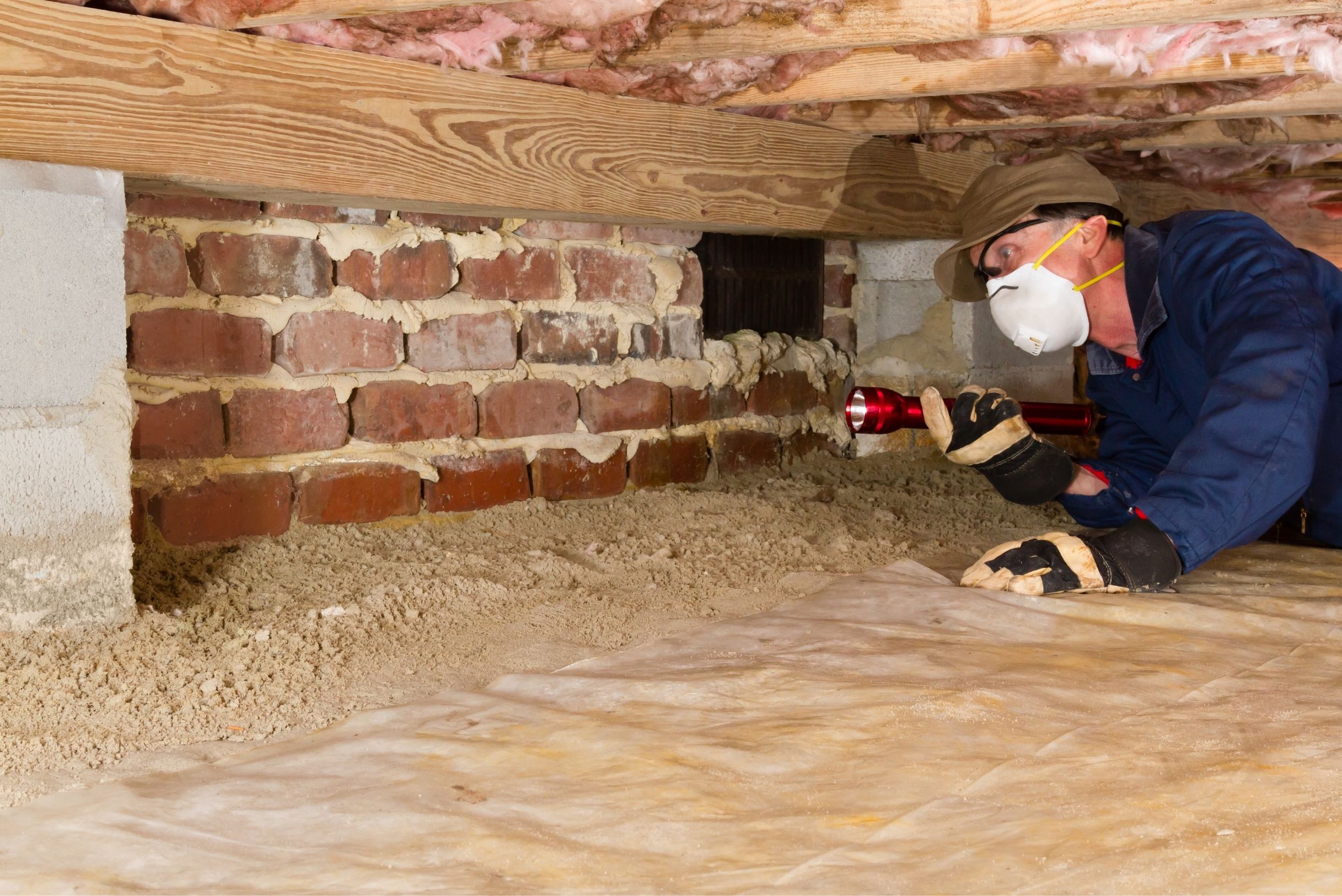 Masked technician in blue uniform shining red flashlight at red brick crawlspace wall with pink insulation overhead.