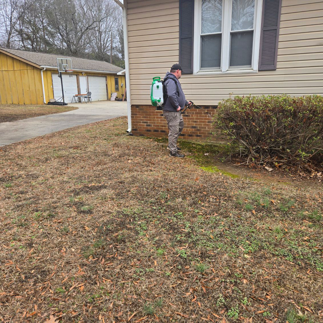 quaterly-pest-control-services-charoltte-north-carolina Technician in gray hoodie and black cap spraying copper wand inside open white kitchen cabinet under sink.